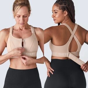 SHEFIT Ultimate Sports Bra Sandstorm Medium Nude Beige Front Zip High Impact